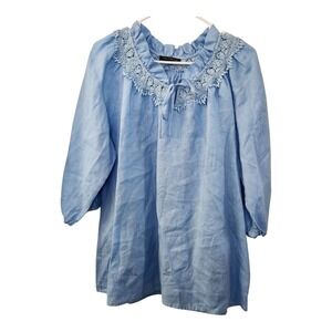 For Cynthia Linen Tunic Top Womens L Blue Crochet Trim Tie Neck 3/4‎ Sleeve